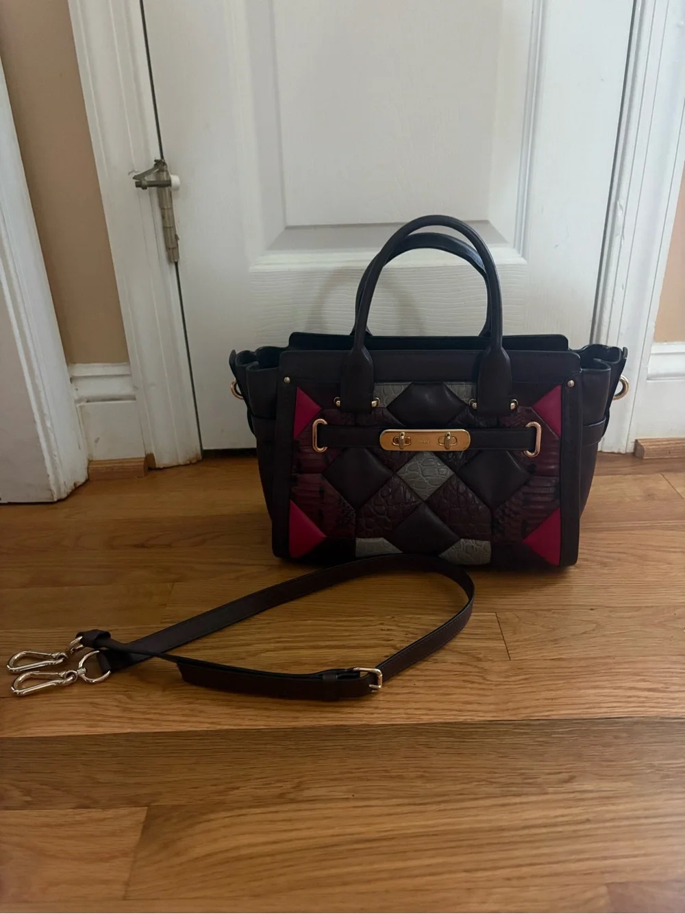 Coach Quilted Patchwork Satchel in Burgundy and Pink Accents